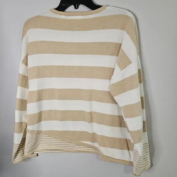 Rafaella Tan Irish Cream Ivory Knit Striped Sweater Pullover Sz M Preppy Coastal - Picture 2 of 10